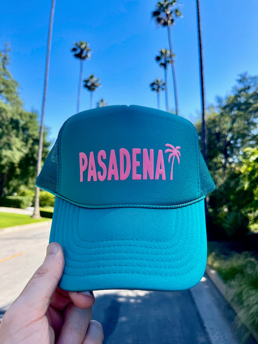 Pasadena Palm Tree Trucker Hat - JADE HAT WITH PINK FONT