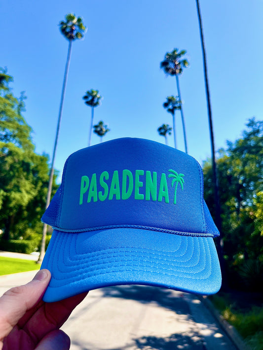 Pasadena Palm Tree Trucker Hat - BLUE HAT WITH GREEN FONT